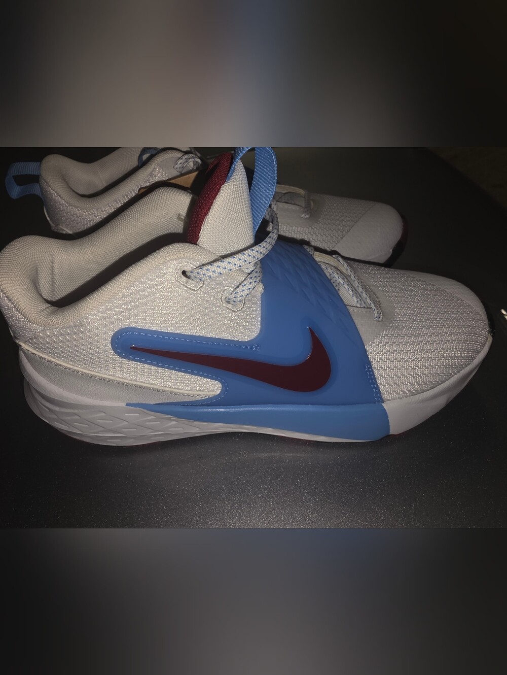 Brand New Size 5.5Y Nike Kids White Sneakers with Blue Strap and Maroon Swoosh